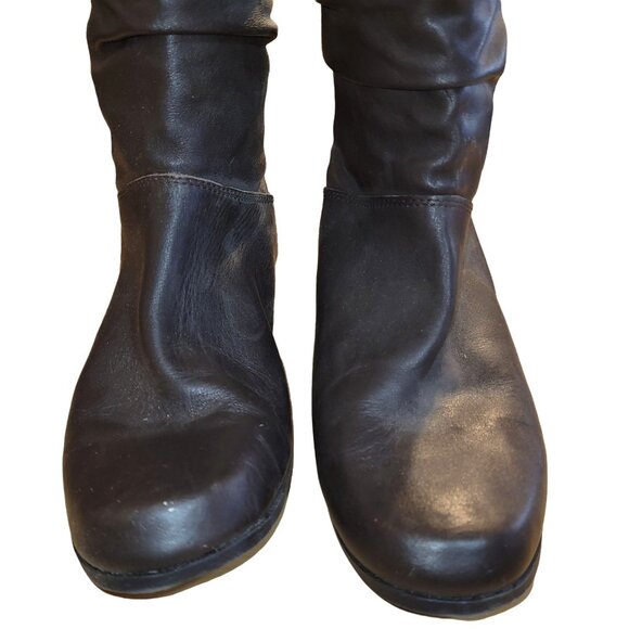 Womens 8 Dark Brown Faux Leather Mid Calf Slouch Boots Low 1” Block Heel - Picture 3 of 6